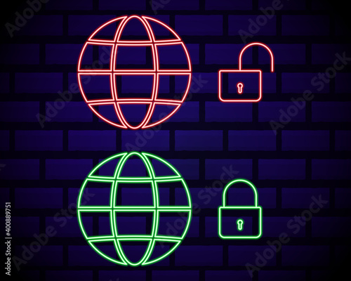 Glowing neon VPN Network connection icon isolated on dark brick wall background. Social technology. Cloud computing concept. Vector Illustration