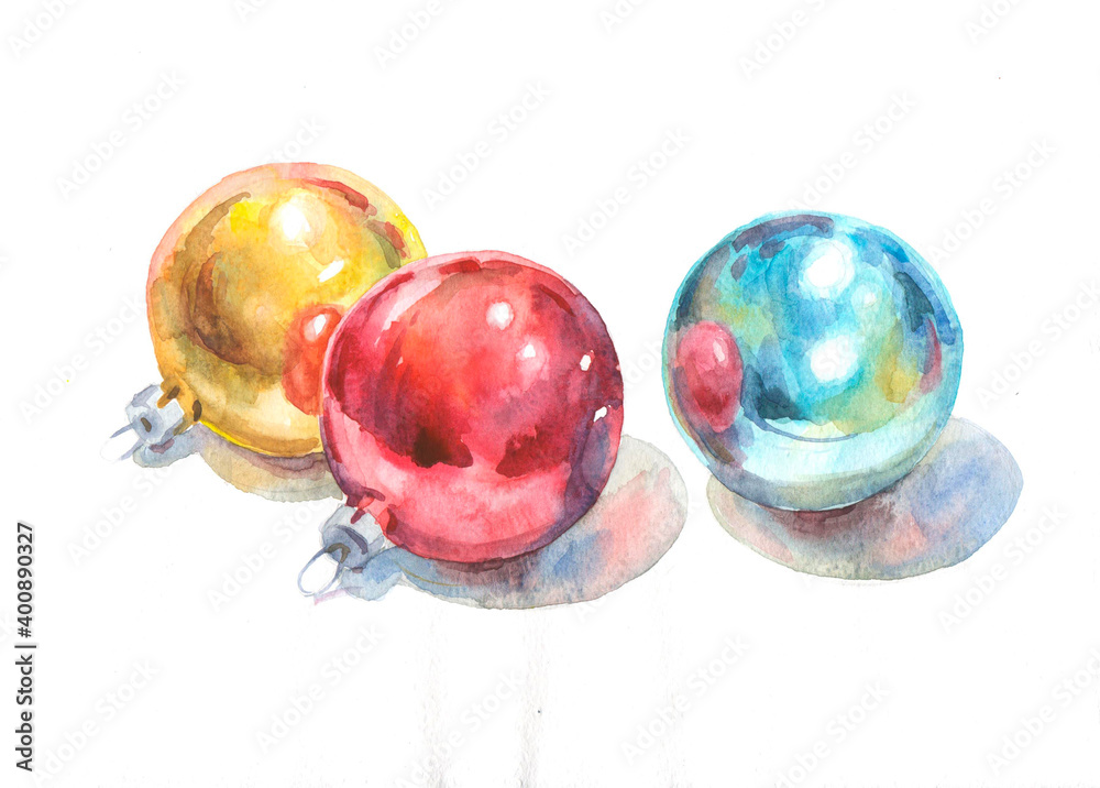 Christmas shiny balls painted in watercolor on a white background. Christmas shiny balls painted in watercolor on a white background.