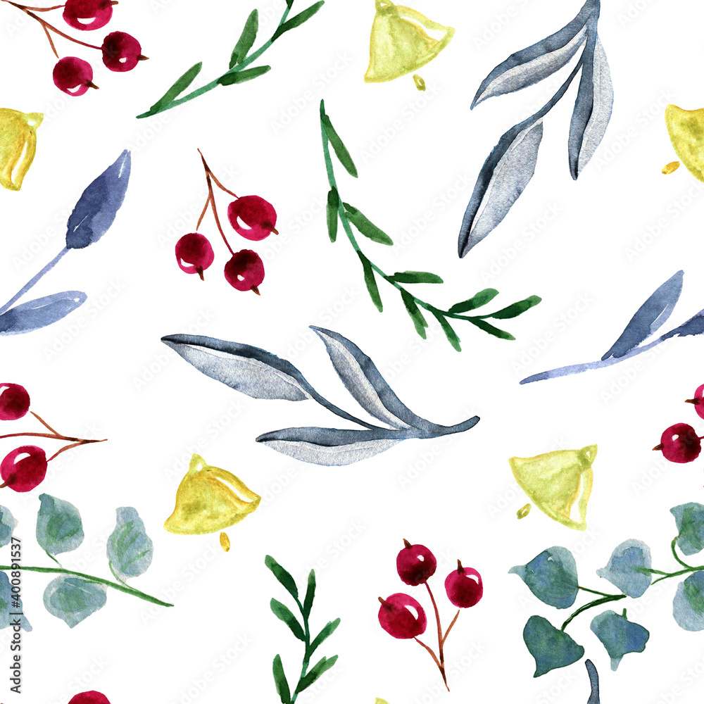 Watercolor seamless background with winter elements. Christmas Pattern. Elements Green twigs, berries,bell. Wrapping paper. The texture for the fabric. Watercolor seamless background with winter elements. Christmas Pattern. Elements Green twigs, berries,bell. Wrapping paper. The texture for the fabric.