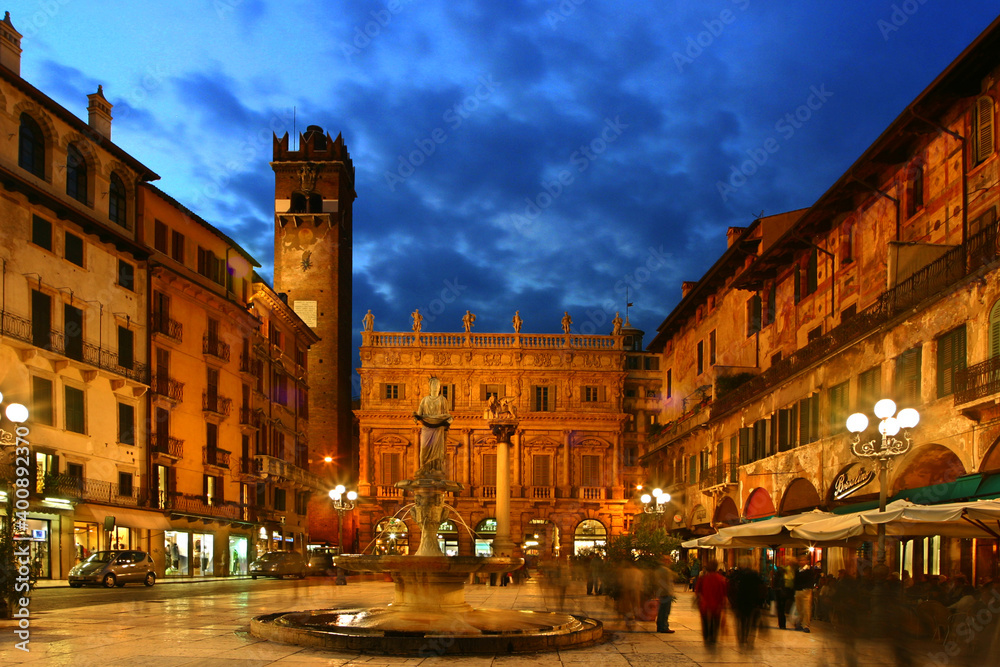 Piazza del Erbe at the blue hour in the historical center, Verona, Veneto, Italy