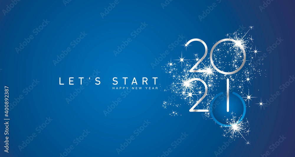 Naklejka Start of Happy New Year 2021 silver white shining stars rounded typography blue background banner and turn on button icon