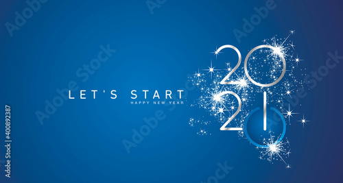 Start of Happy New Year 2021 silver white shining stars rounded typography blue background banner and turn on button icon
