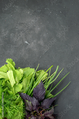top view fresh vegetables with greens on the dark background color photo meal salad