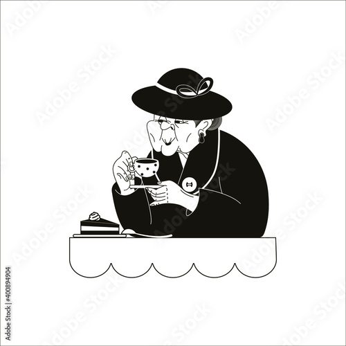 grandmother in an old-fashioned hat and coat drinking coffee at a cafe table, black and white flat vector illustration, cartoon