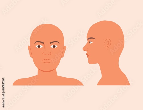 Bald Man Head isolated on white background. Unisex hairless bust, head, neck, shoulder illustration vector. Bald-headed vector. Front side hairless male or female head flat design