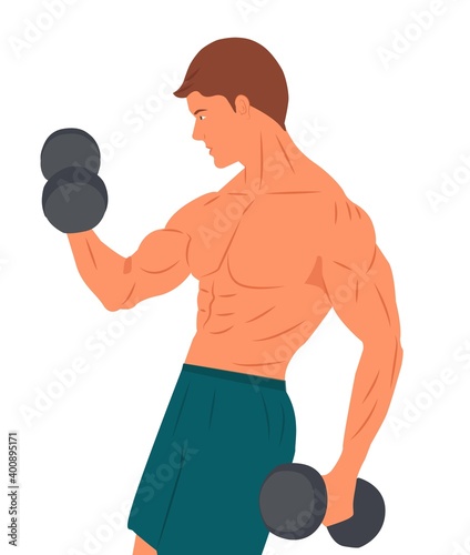 Fitness Model or Trainer. The man standing with the sportswear and dumbbells working out. Athletic man turning his back with holding two dumbbells Isolated flat vector illustration