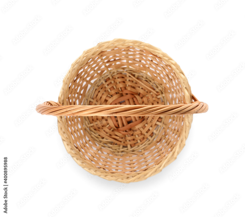 Fototapeta premium Wicker basket with handle isolated on white, top view