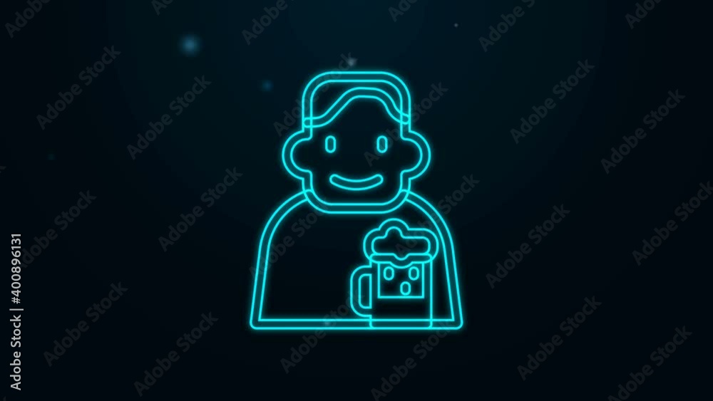 Glowing neon line Happy man with beer icon isolated on black background. 4K Video motion graphic animation Glowing neon line Happy man with beer icon isolated on black background. 4K Video motion graphic animation
