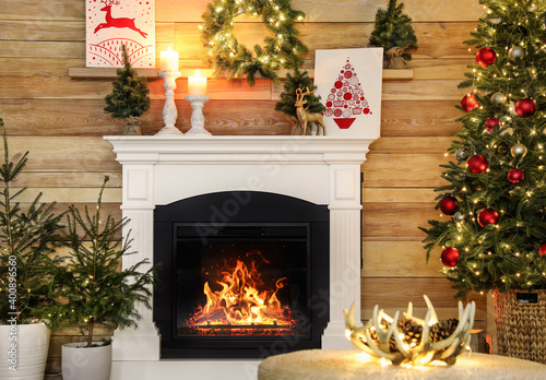 Fireplace in beautiful living room decorated for Christmas