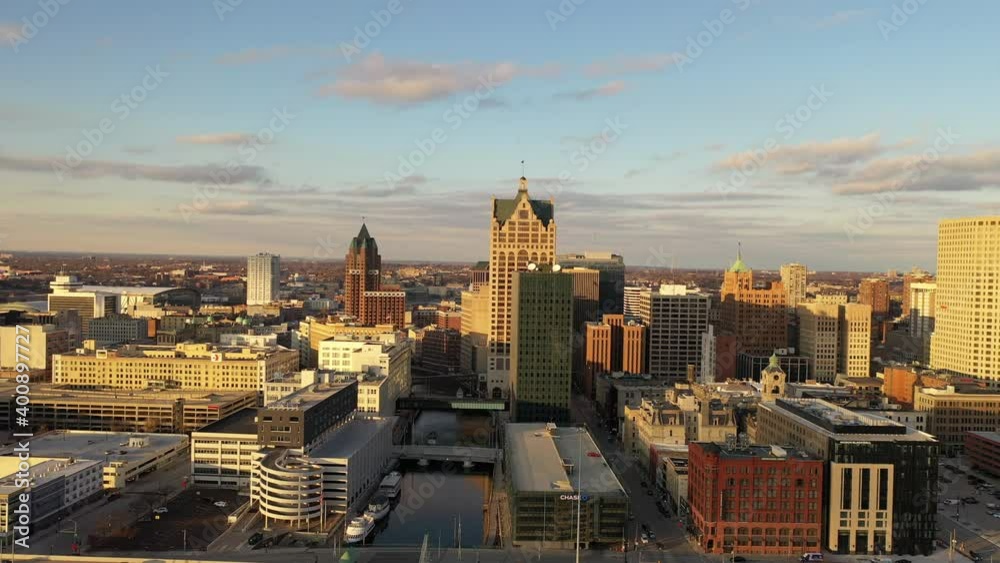 Aerial view of Downtown Milwaukee at sunset Aerial view of Downtown Milwaukee at sunset