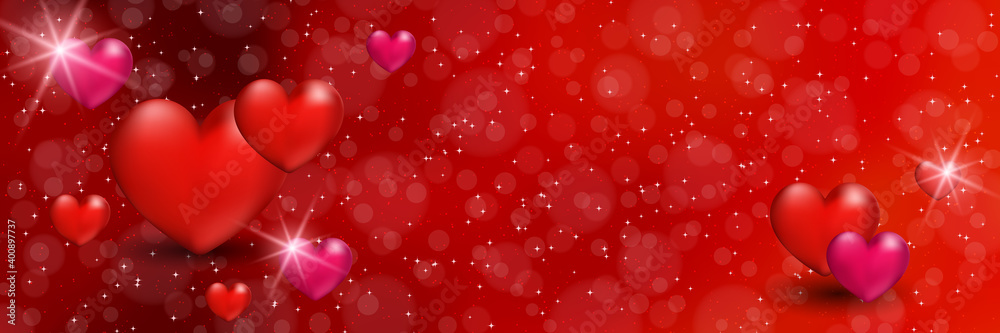 Valentine's Day vector banner. Red blurred background with hearts and light effects