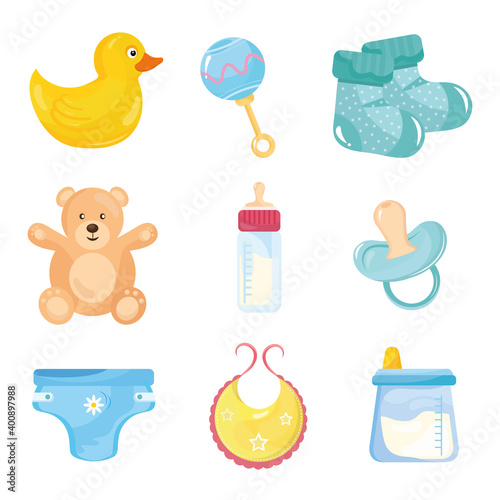 bundle of nine baby shower set icons vector illustration design