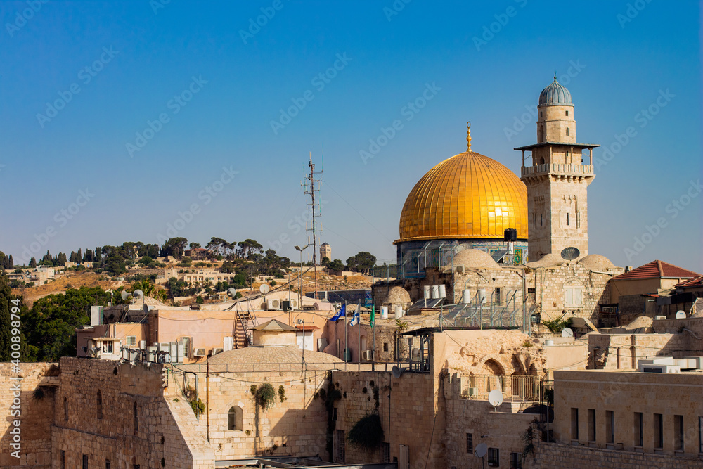 Jerusalem slums ghetto district holy land urban landmark view with gold dome of ancient cathedral world famous travel destination site