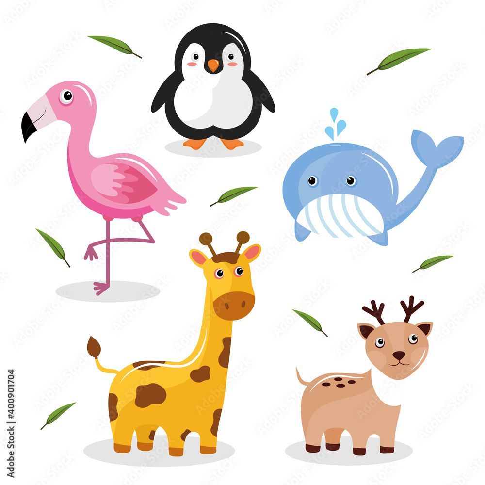 bundle of five cute animals kawaii characters and leafs vector illustration design bundle of five cute animals kawaii characters and leafs vector illustration design
