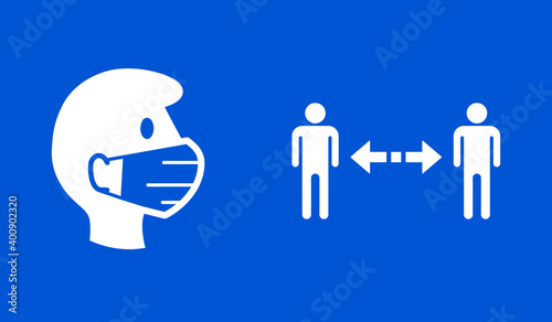 Wear a Face Mask and Keep Your Distance Warning or Instruction Sign Set against the Spread of Coronavirus Covid-19. Vector Image.