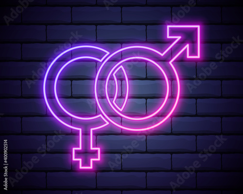 Gender Symbols in Neon Style. Neon Silhouette of Pink Gender Signs, Isolated on the dark brick wall background