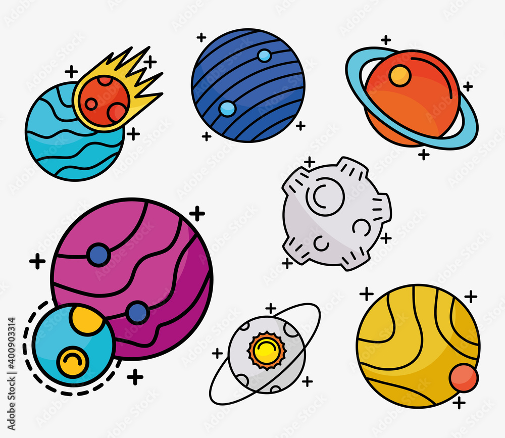 bundle of seven space set line and fill style icons vector illustration design bundle of seven space set line and fill style icons vector illustration design