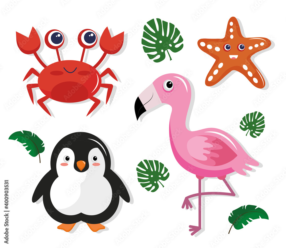 bundle of four cute animals kawaii characters and leafs vector illustration design