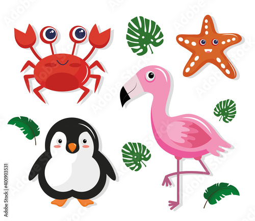 Fototapeta Naklejka Na Ścianę i Meble -  bundle of four cute animals kawaii characters and leafs vector illustration design