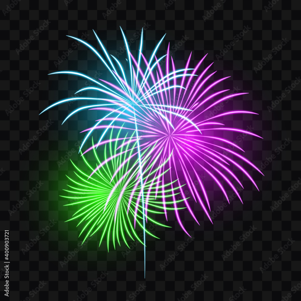 Obraz premium Fireworks on transparent background, vector illustration.