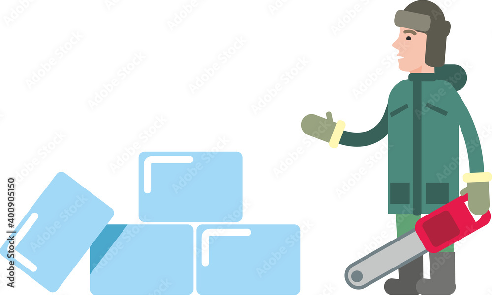 The sculptor, a man with a saw in his hands, stands near the ice blocks. Ice carving. Flat infographics. Vector illustration.
