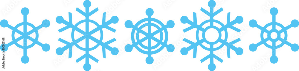 Fototapeta premium Set of snowflakes of different shapes and sizes isolated on white background. A garland of snowflakes. The symbol of the new year and christmas. Flat infographics. Vector illustration.