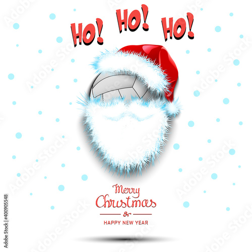 Merry Christmas and Happy New Year. Santa in the form of a volleyball ball. Volleyball ball with beard and santa hat. Greeting card design template with for new year. Vector illustration