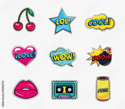 bundle of nine pop art stickers set icons vector illustration design