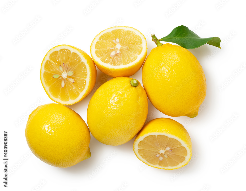 Lemons placed on a white background and cut in half