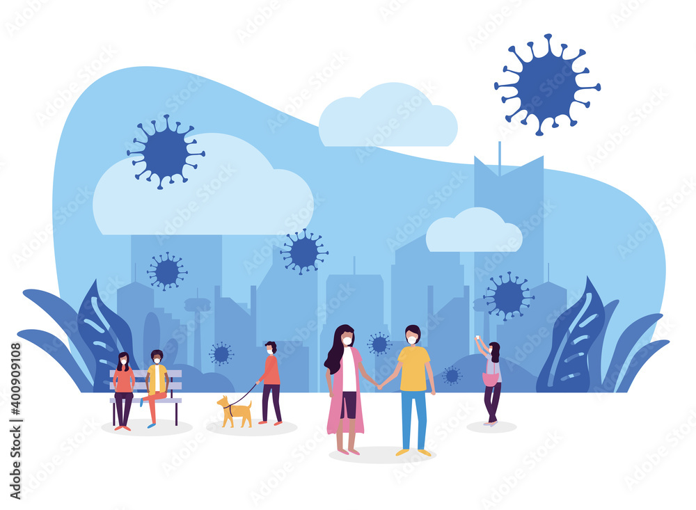 Women and men with masks at park vector design