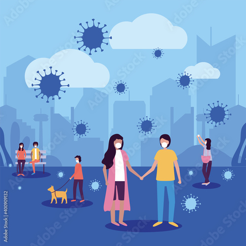 Woman and man with mask at park vector design