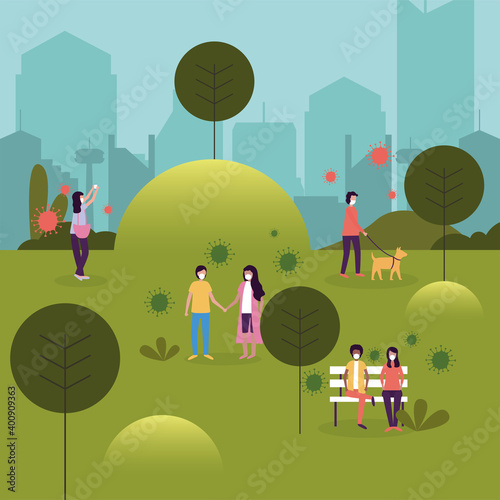 Women and men with masks at park vector design
