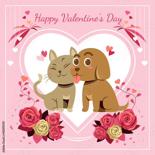 Kawaii lover dog and cat, valentine day card vector