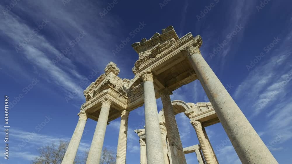 Tetrapylon, Ancient ruins of Aphrodisias, Aydın Turkey. 4K. ruins of aphrodite temple. 3. Tetrapylon, Ancient ruins of Aphrodisias, Aydın Turkey. 4K. ruins of aphrodite temple. 3.