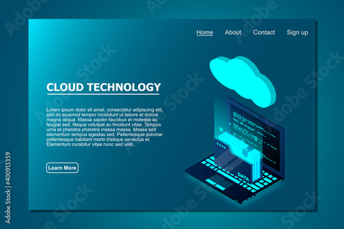 Cloud technology computing concept. Isometric cloud technology with folder data and laptop. Modern cloud technologies. Vector illustration