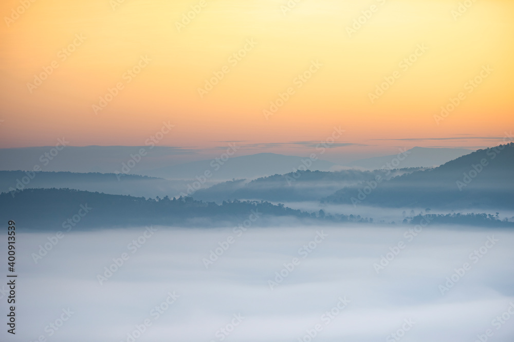 foggy landscape forest in the morning beautiful sunrise mist cover mountain background at countryside winter.