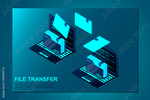 Isometric computer file transfer vector. Two Laptop computers with folders send and upload documents. Vector illustration.