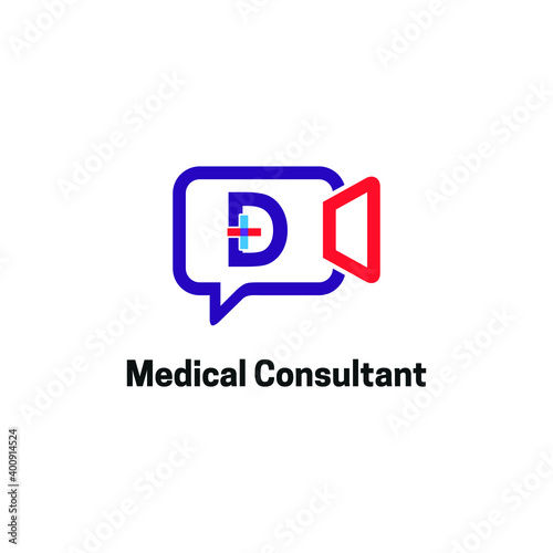 Letter D with chat, video, medical cross icon for Health online consultant logo vector concept