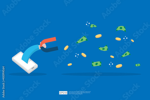 customer retention concept with man holding a magnet. magnet attracts money in flat style. vector illustration for earn money, business investment attraction, crowdfunding