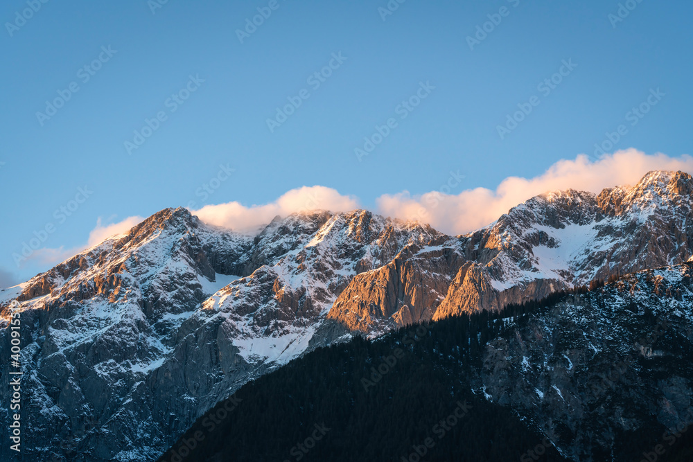 Sunset in rocky mountain range of Austrian Alps in Mieming, Tyrol, Austria