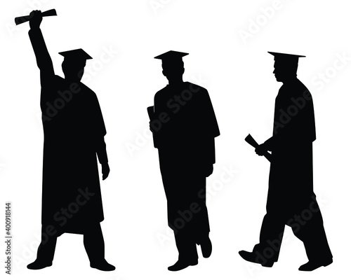 Set of graduated men silhouette vector on white, education