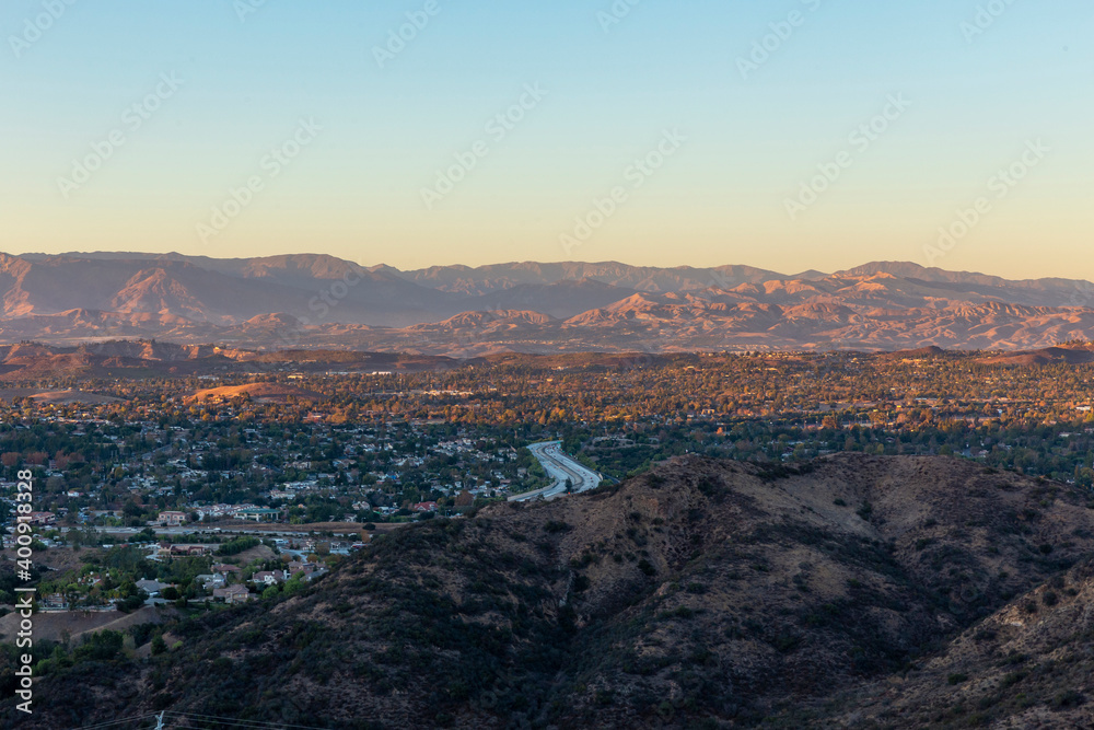 Sunset over the Conejo Valley, California and the 101 freeway.