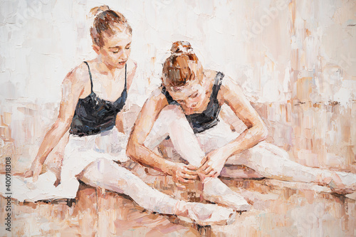 Canvas Print Young ballerinas in light pink tutus are preparing for their performances