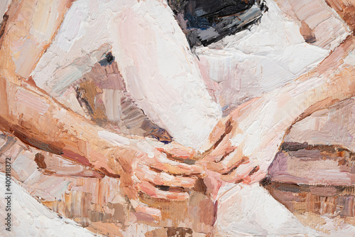 A fragment of the picture, where a young ballerina in light tutus prepares for performances. The background is white. Oil painting on canvas..