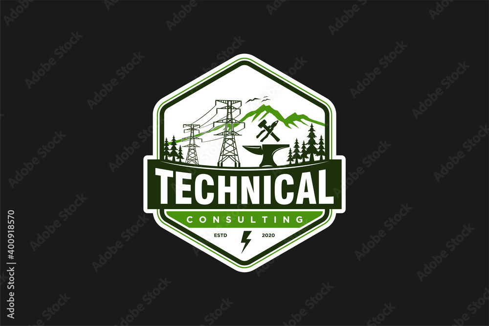 Iron Anvil logo. technical electrical design element. industrial blacksmith forging icon. electric cable tower.