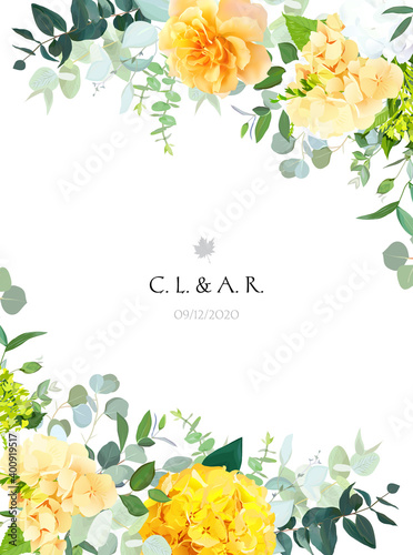 Yellow hydrangea, mustard rose, peony, white iris, orchid, spring garden flowers