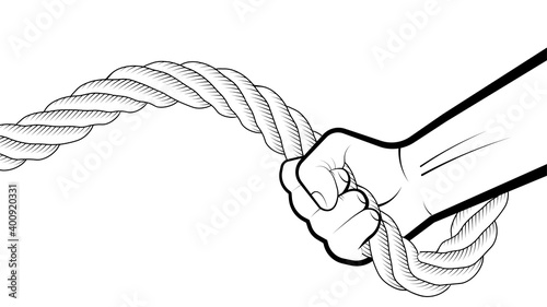 strong male hand of athlete is engaged with thick twisted rope. Development of endurance and strength in sports with of ropes. Vector