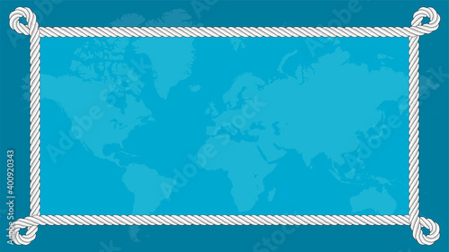 world map in frame made of rope. Sea voyages and discoveries. Adventurism. Vector