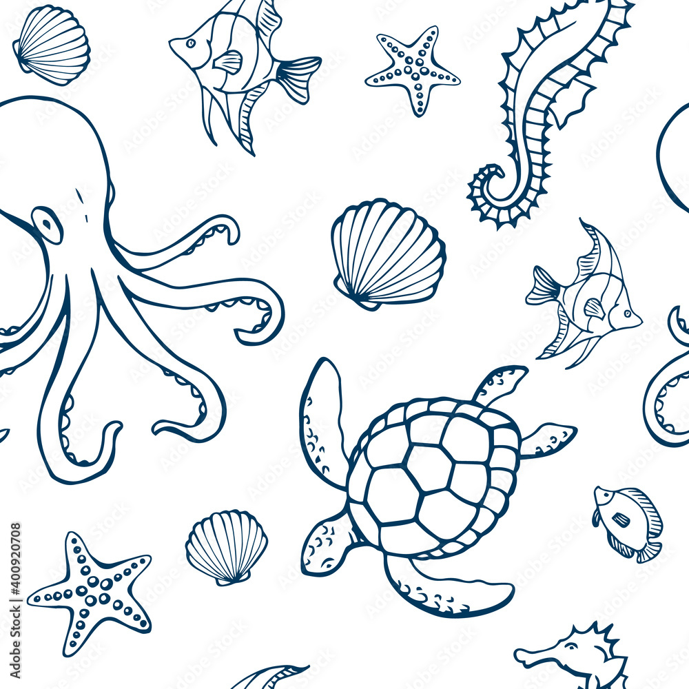 Seamless pattern with different animals and marine objects. Sea or ocean underwater life background. Concept elements. Vector illustration in hand drawn style Seamless pattern with different animals and marine objects. Sea or ocean underwater life background. Concept elements. Vector illustration in hand drawn style