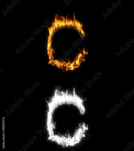 3D illustration of the letter c on fire with alpha layer